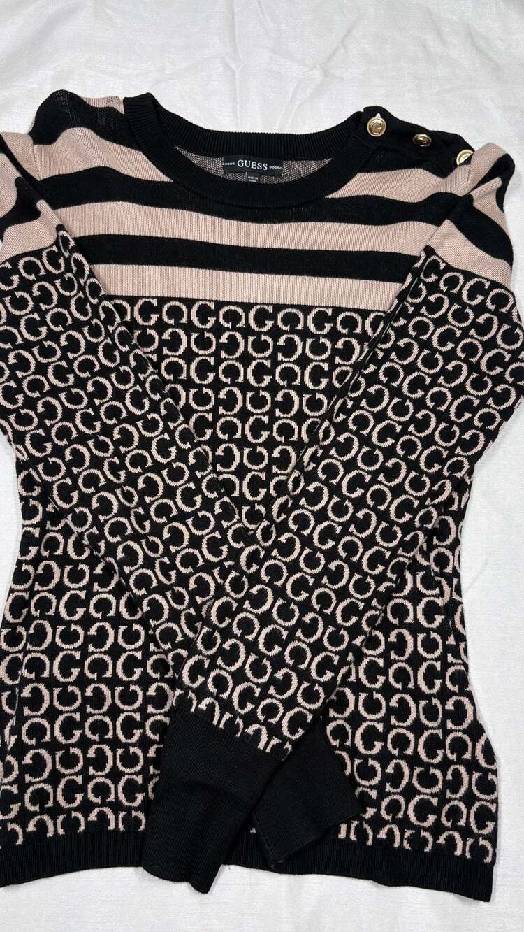 Guess LS Logo Jacquard Sweater Size L Black Beige Striped G Logo